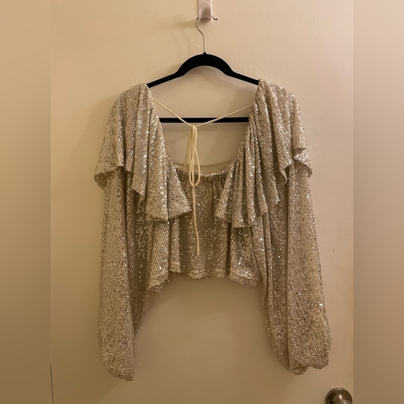 NWOT Free People Silver Sequin Flowy Tie Back Crop Top Size XS - Picture 4 of 9